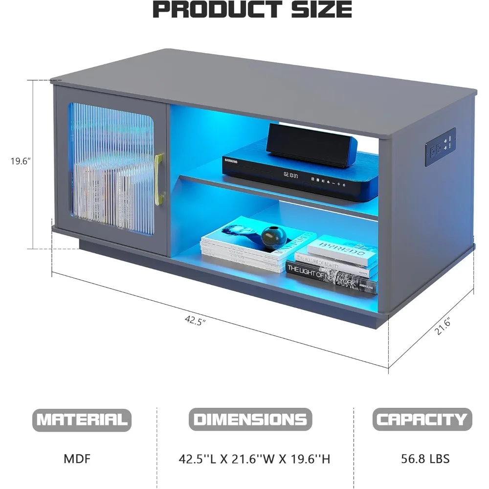 Coffee Table with Charging Station, 3 Color Dimmabl Dining Table with Large Storage Cabinet for Living Room,Cocktail Table with 2