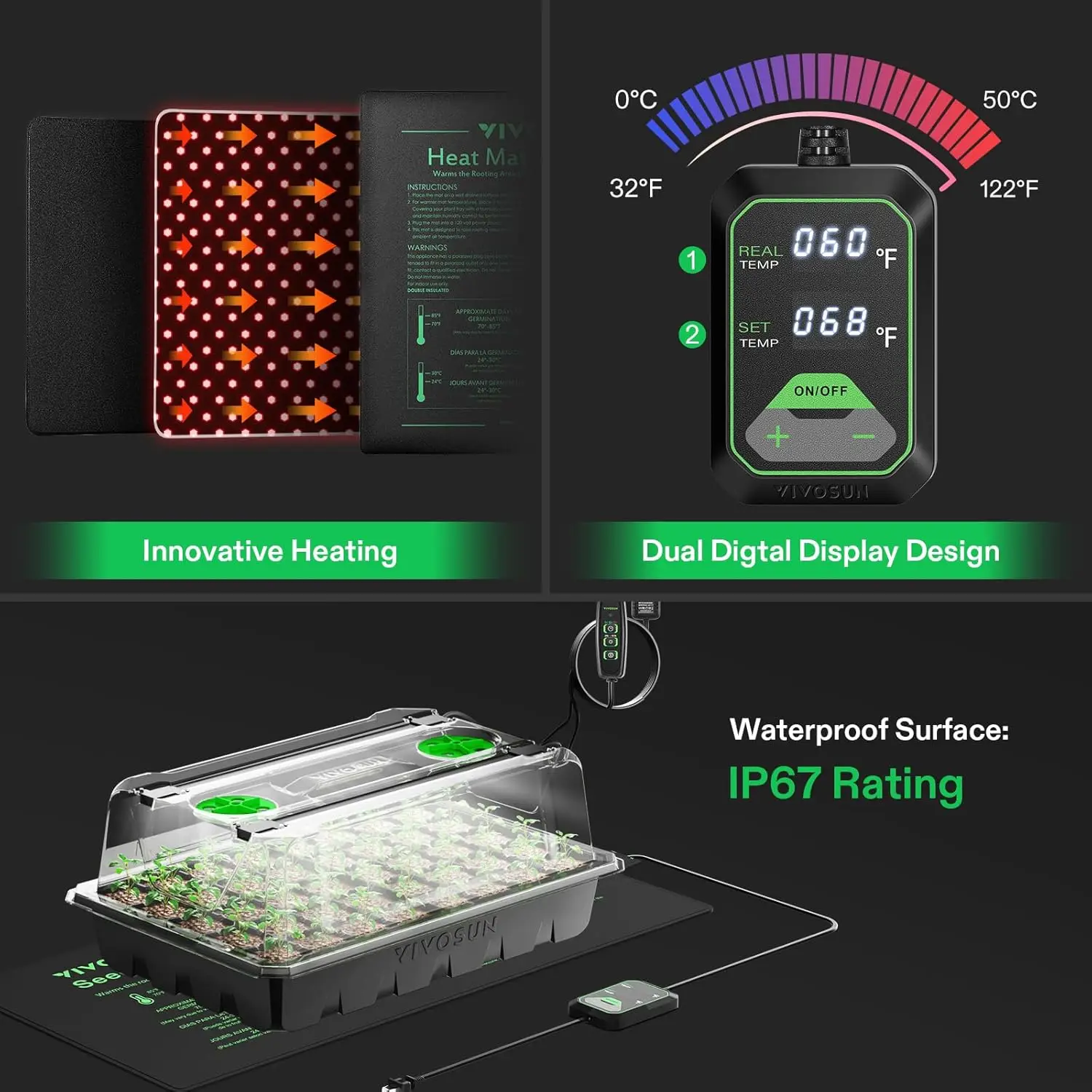 1 set of 40-cell seed germination trays, equipped with a set of LED lights and a 10-inch x 20.75-inch seedling heating pad