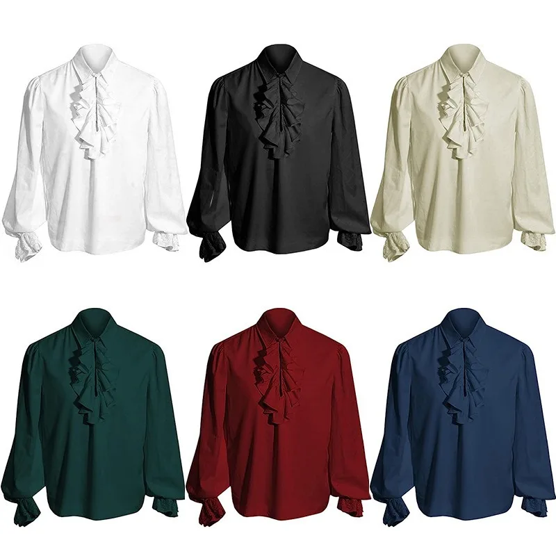 thumbnail image 2 of Camisas medievales piratas para hombre, camisa gótica steampunk con volantes, camisa de manga larga, blusas victorianas renacentistas, camisa para hombre, 2 of 5