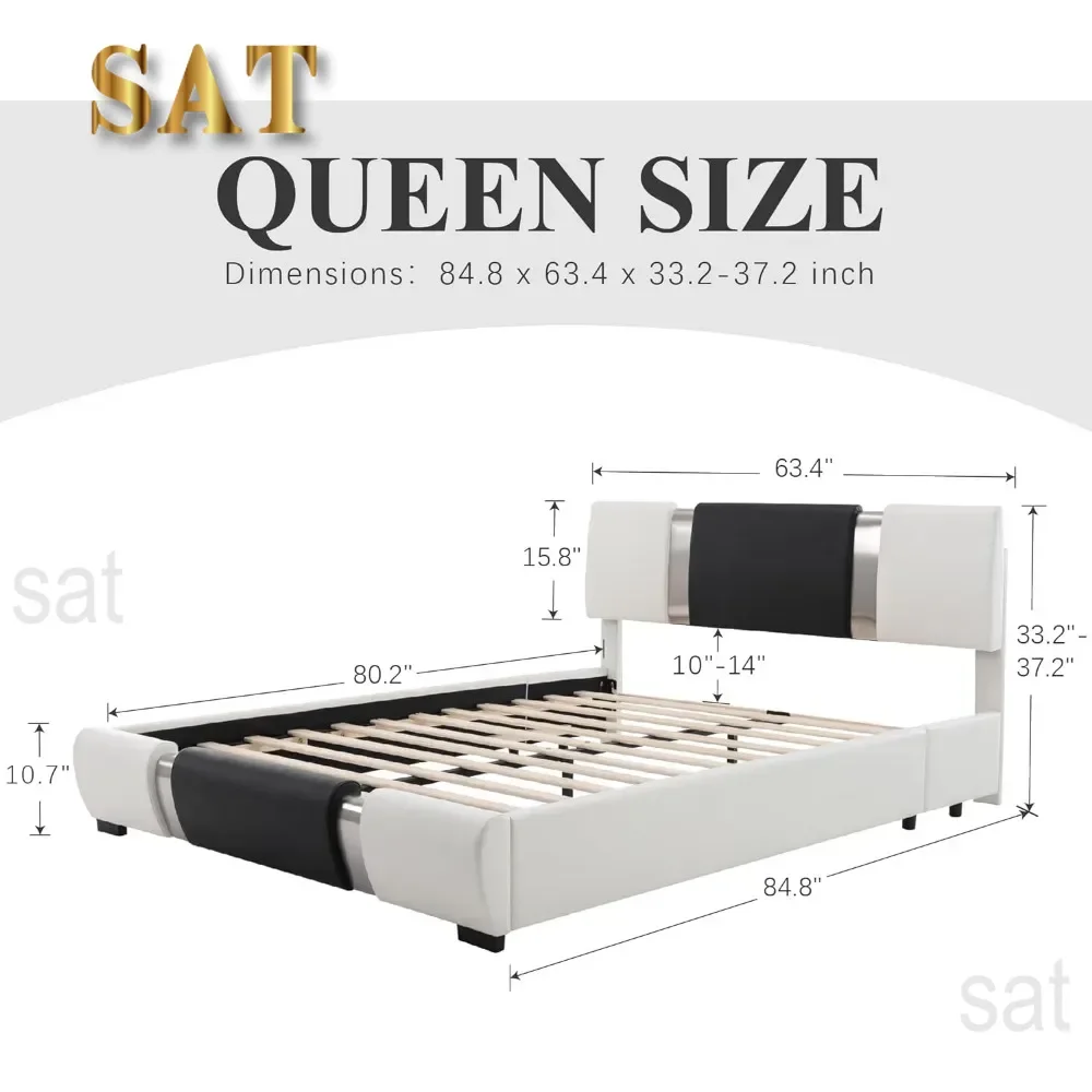 queen size bed frame, With faux leather upholstered headboard and wood slat support, Heavy duty mattress base，White & Black