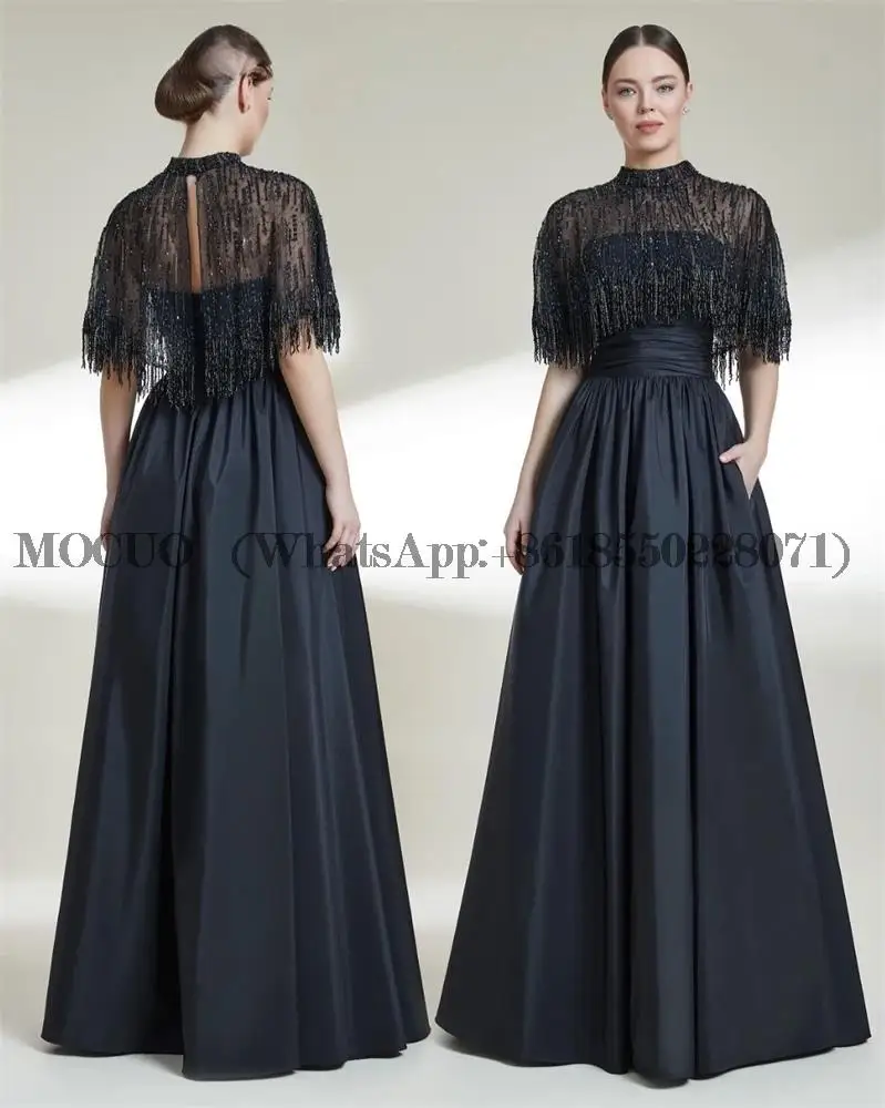 

Navy Blue A-Line O Neck Prom Dress Floor Length With Short Sleeves Evening Summer Party Dress For Women 2023