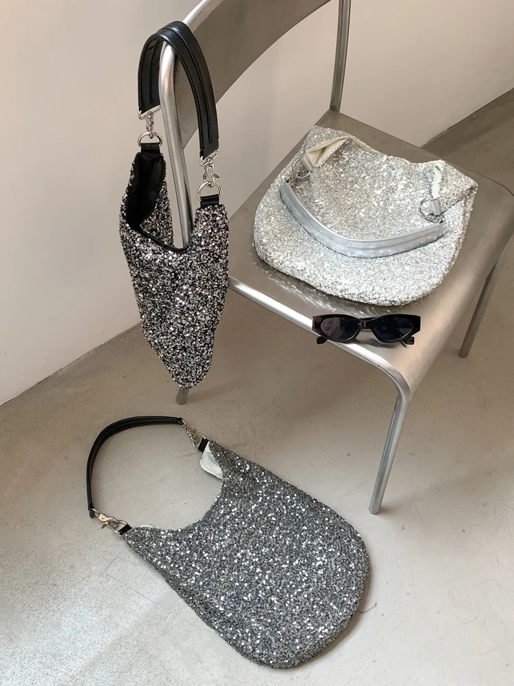 Women Bag Ladies Leisure Solid Color Totes Bag Large Capacity Sequins Handbag Luxury Sparkling Bucket Bag Women's Shoulder Bags