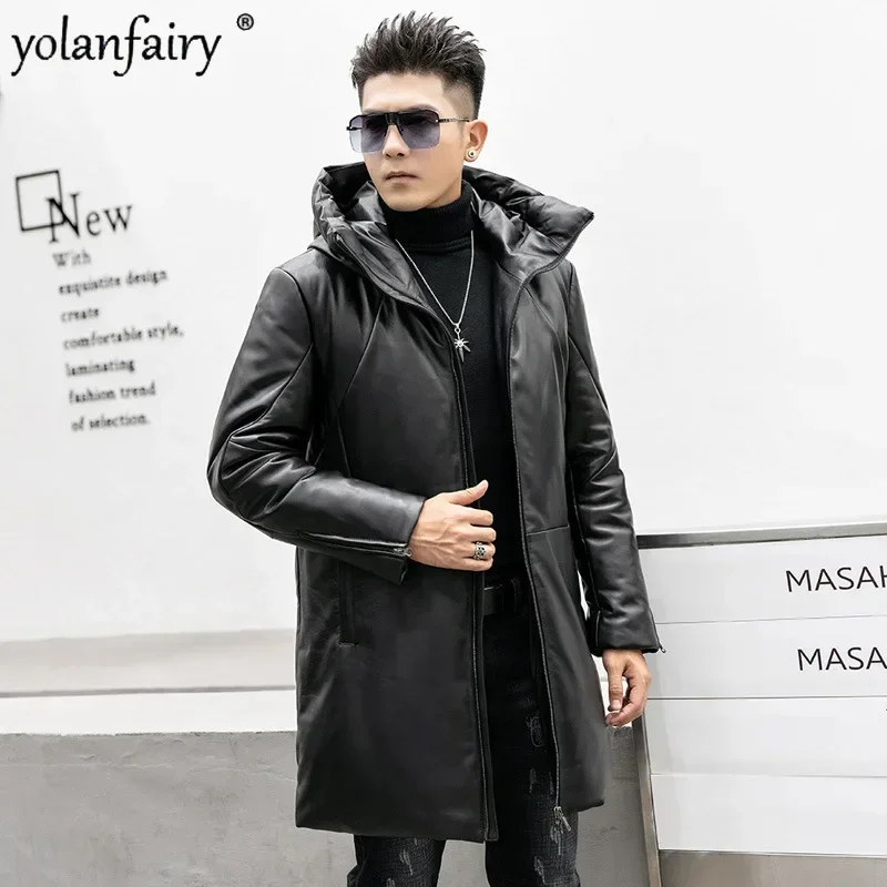 

Мужской длинный пуховик из натуральной овечьей кожи, с капюшоном