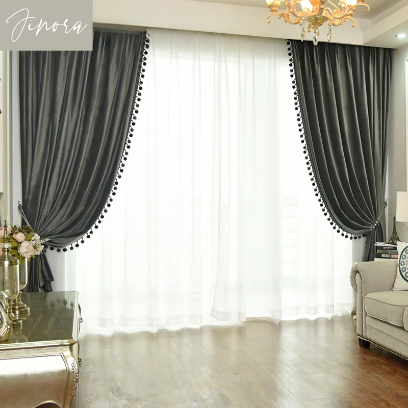 High-end European Velvet Curtains for Living Room Bedroom Solid Color Blackout Velvet Finished Product Customized Fur Ball Lace 2