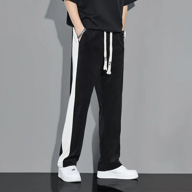 Korean Fashion Summer Quick Drying Loose Straight Pants Men Panelled Elastic Waist Drawstring Pockets Casual Versatile Trousers