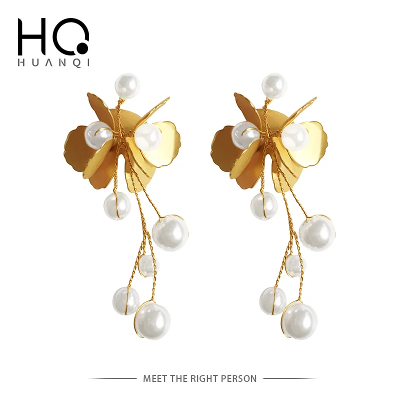 Korean Gold Color Imitation Pearls Leaves Tassel Hook Up Drop Earrings For Women Fashion Jewelry Party drop earrings dangle earrings