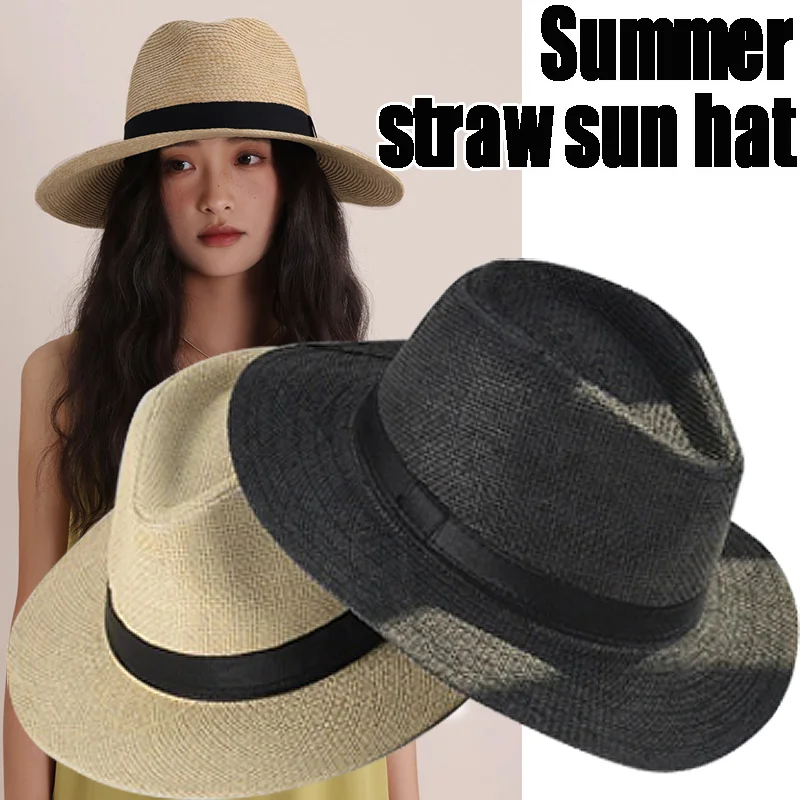 2023 Summer Sunscreen Straw Sun Hat Beach Vacation Panama Handwoven Straw Caps Men Women Casual Sunshade Gangster Cap Bucket Hat 2