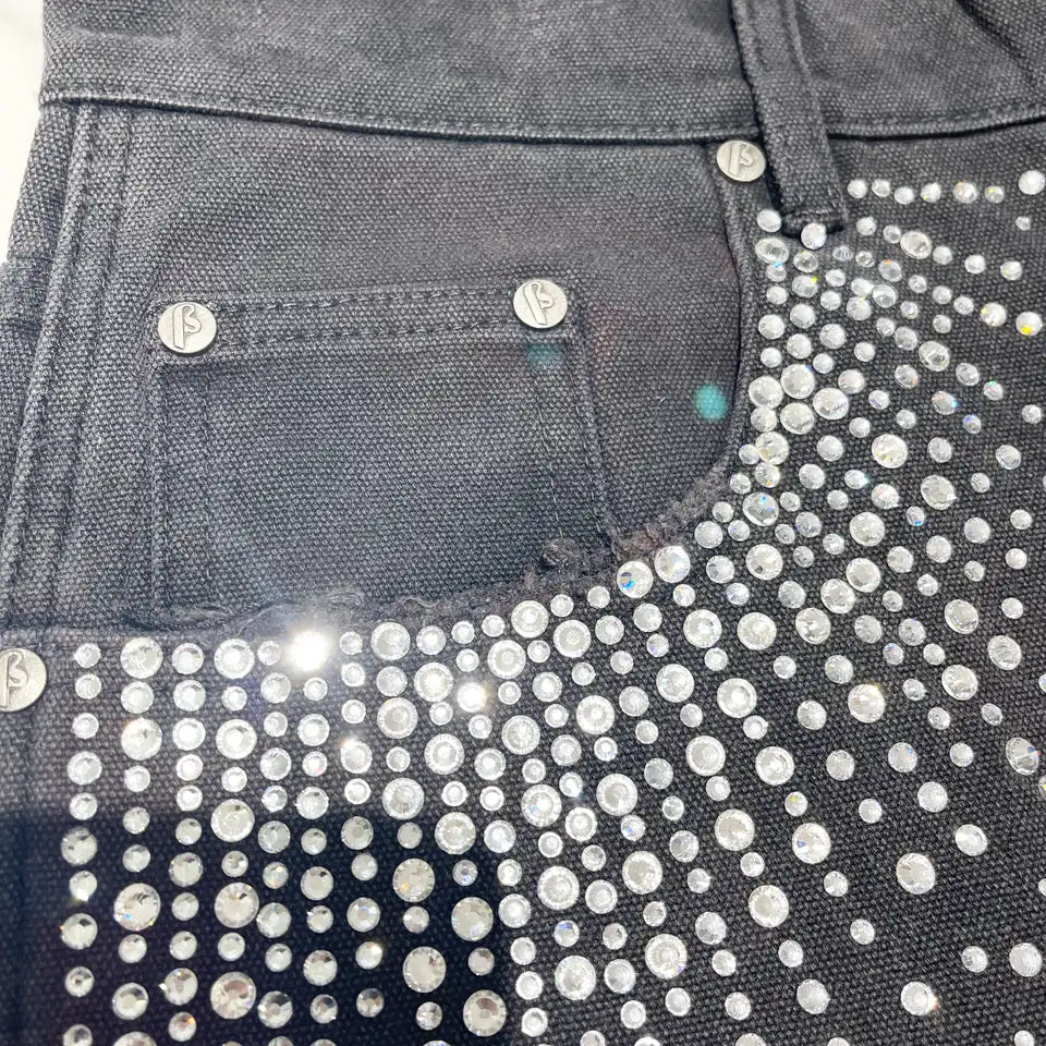 Y2K Jean Hip Hop Loose Denim Street Fashion Men Casual Basketball Shorts Retro Rhinestone Sequin Denim Short Fitness Trend Short