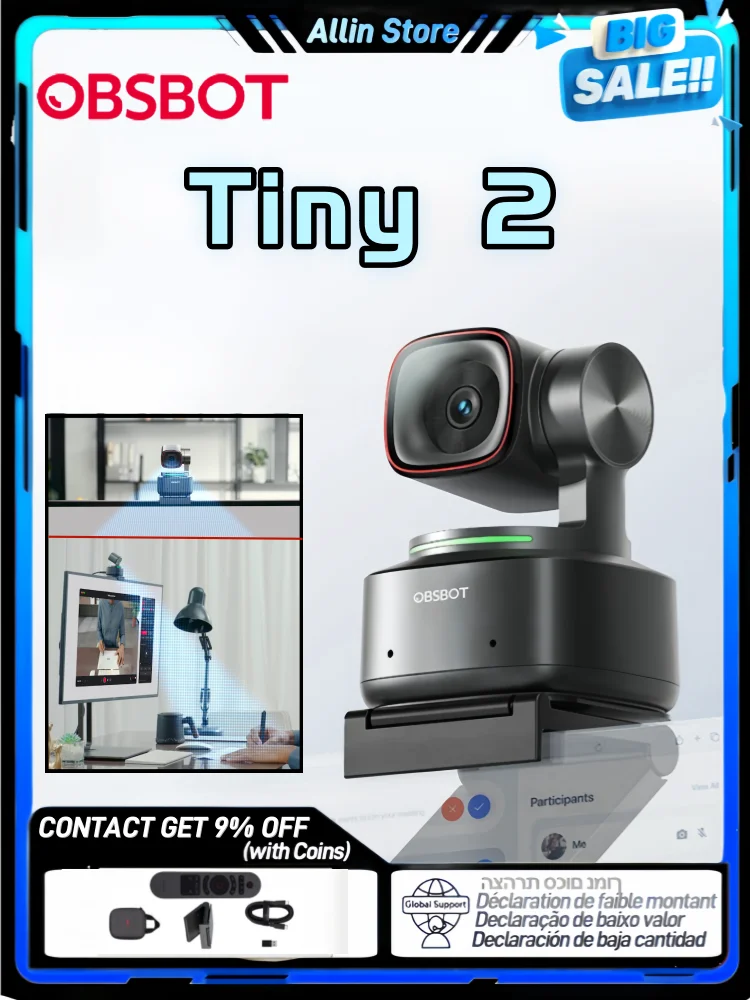 OBSBOT Tiny 2 4k Meet 4K PTZ Webcam AI-Tracking Auto-Framing Gesture Control HDR Dual Omni-Directional Mic Recording Streaming