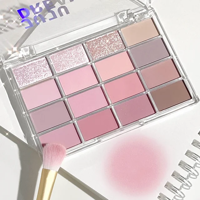Dream 16 color eyeshadow palette - matte, glitter, shimmer, earth brown, purple and pink - low saturation everyday makeup