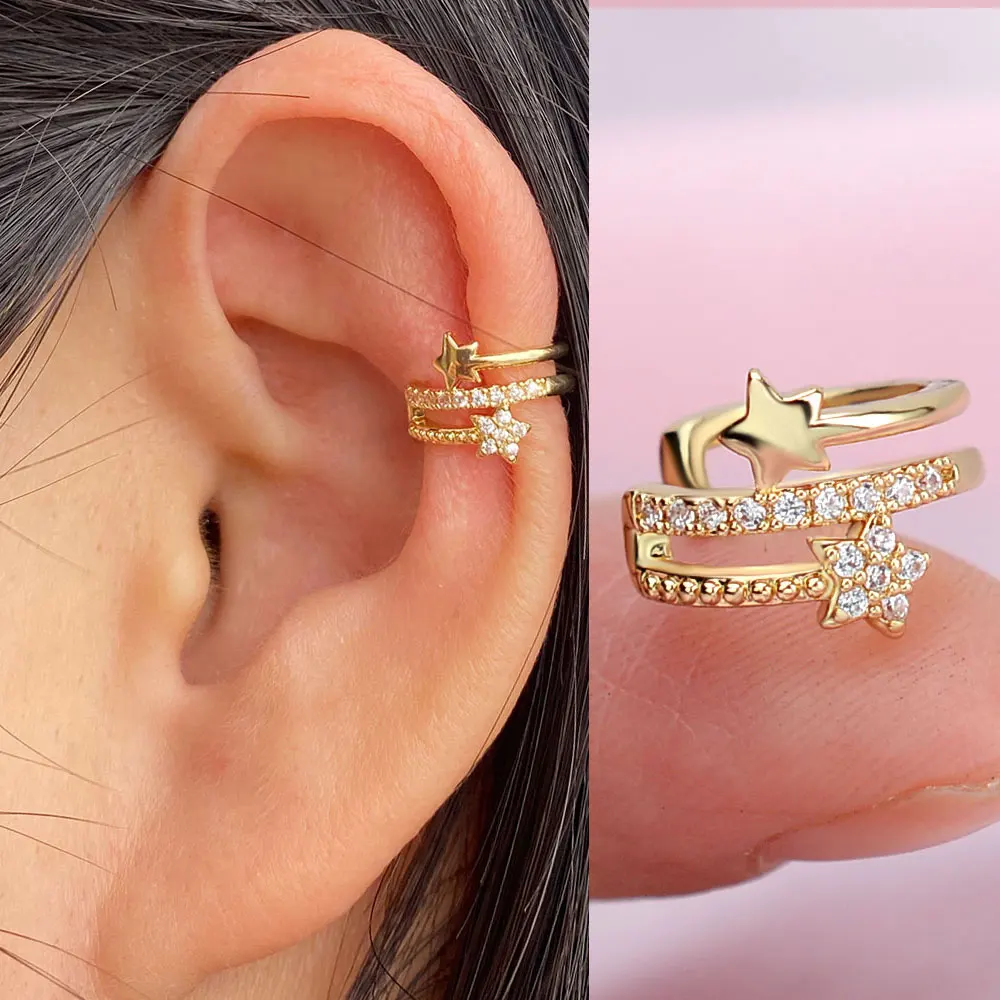 GUEMER Dainty Gold Ear Cuff Earrings 14K Gold Plated Non Pierced Tiny Ear Cuffs Simple Charm Clip Tiny Bar Huggie Cubic Zirconia Cartilage Hypoallergenic Hoop Fake Earring For Women