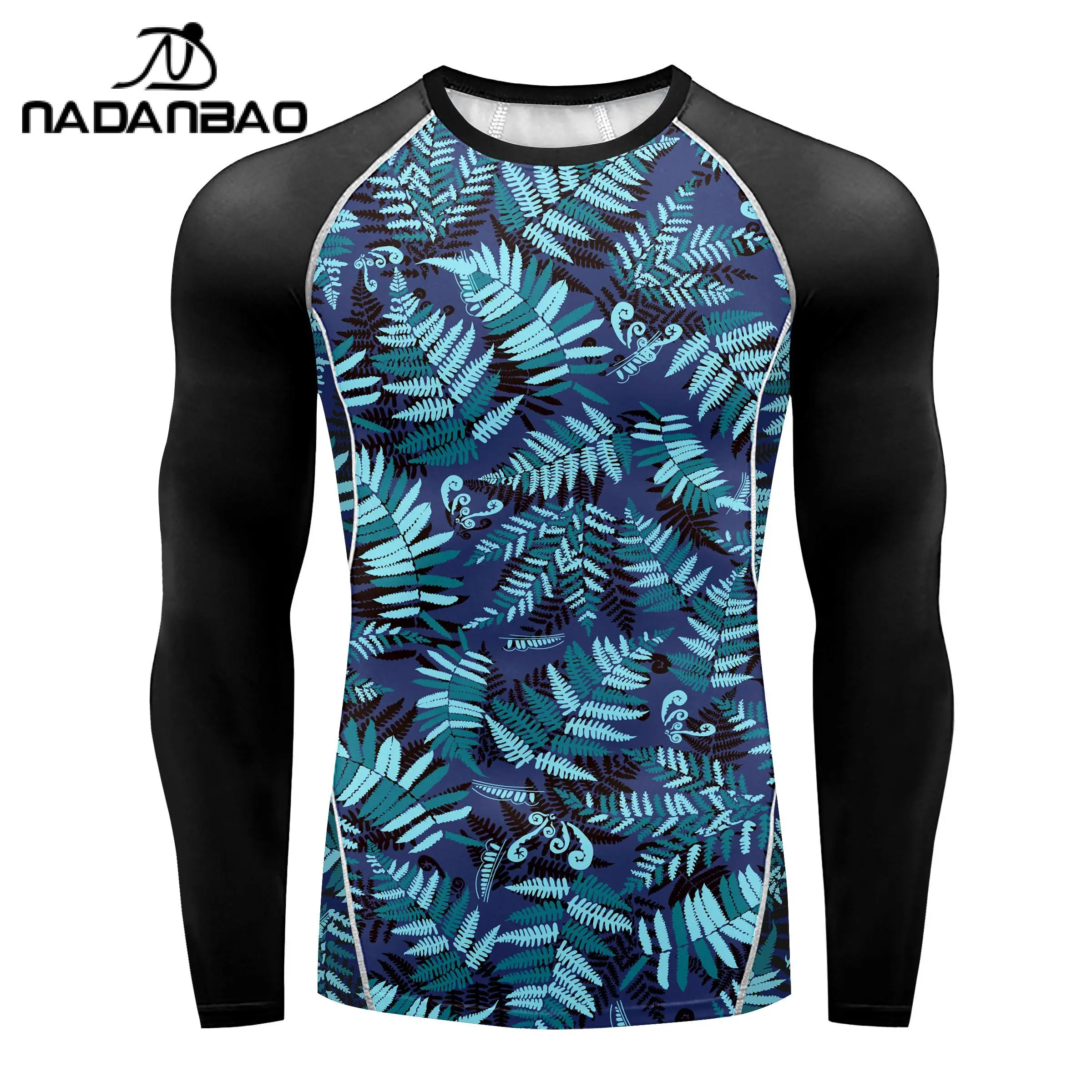 Nadanbao Men's Swimwear Gym Top Blue Water Printing Swimsuits Party Long Sleeve Beachwear Summer Fitness T-Shirt Surfing Clothes