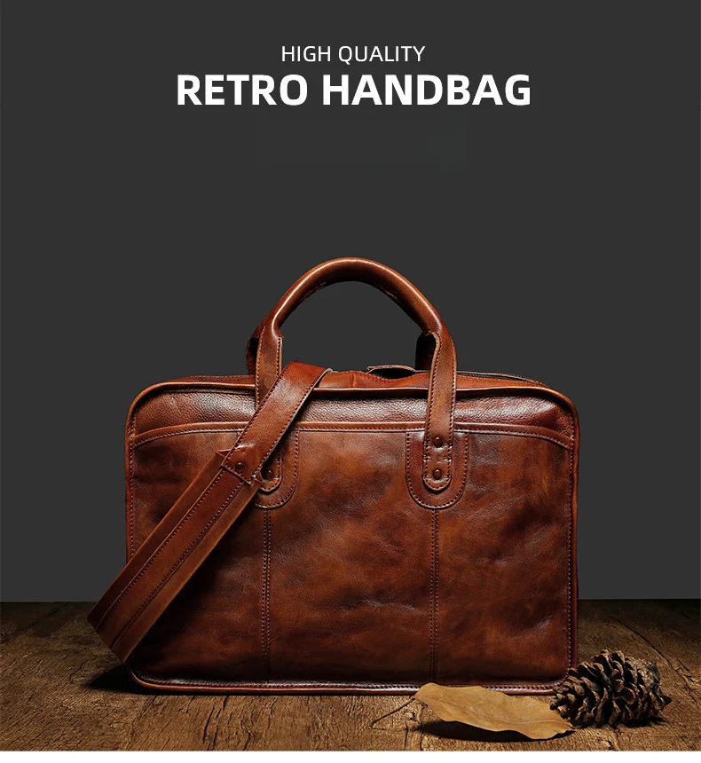Men's Handmade Genuine Leather Handheld Bag, Plant Tanned Leather Computer Bag, Crossbody Large Capacity Functional Multi business Briefcase_voghion.com