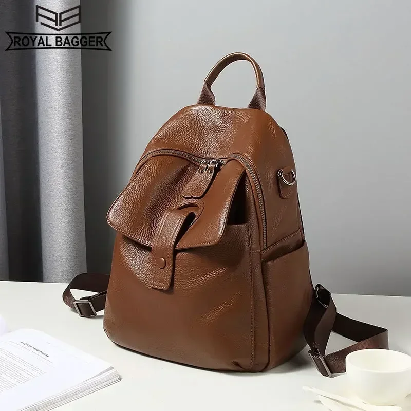 

Royal Bagger Travel Backpack for Women Fashion Genuine Cow Leather Shoulder Bag Large Capacity Commuter Handbag 8366