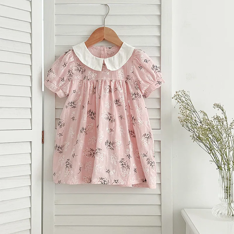 Vestido de muselina con estampado Floral para niñas, traje de manga corta con cuello vuelto, para verano