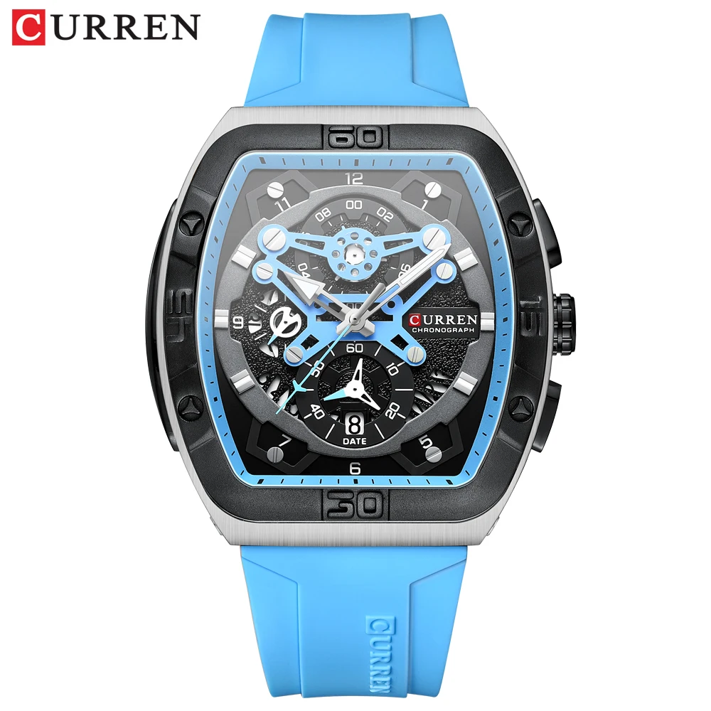 CURREN Creative Fashion Multifunctional Rectangle Quartz Watches New Casual Silicone Strap Men's Wristwatches