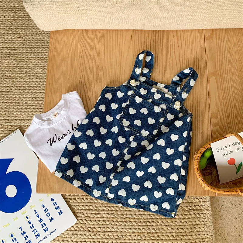 

Girls Denim Dresses 2023 Spring Summer New Korean Kids Heart Printed Suspender Dress Baby Girl Clothes Cotton