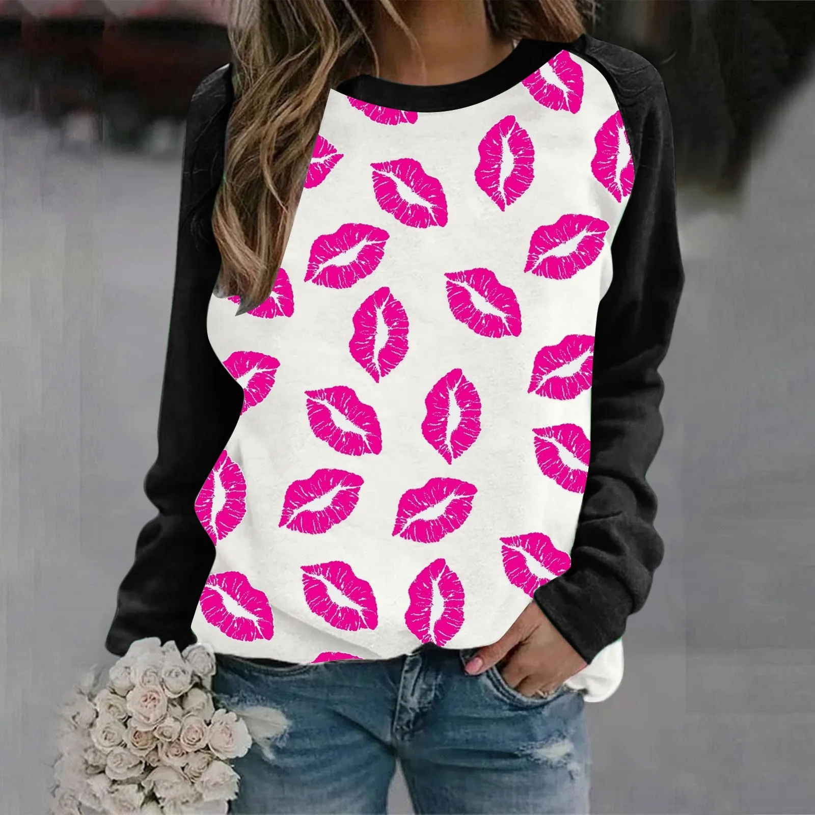 

Women's Lip Print Hoodless Casual Crew Neck With Sleeves Dresses with Matching Cardigan Women