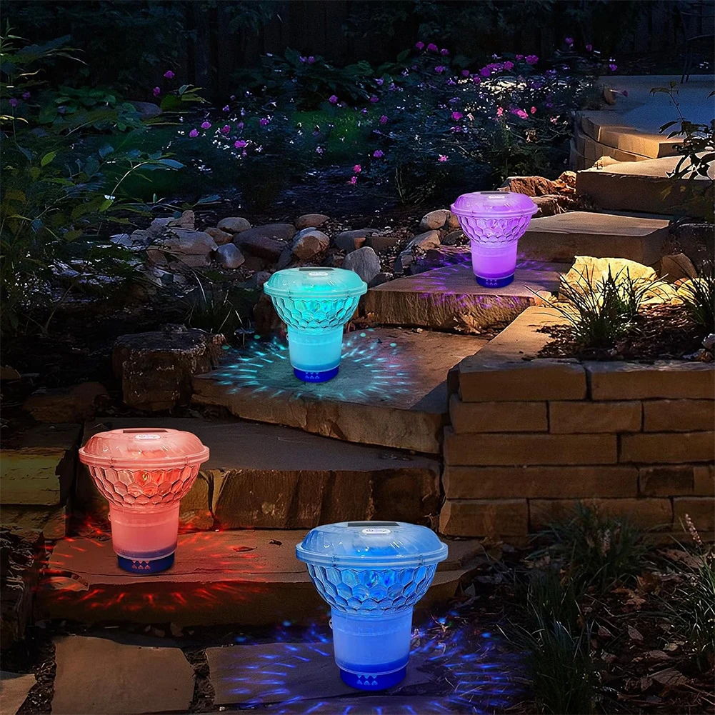 Solar Pool Chlorine Floater with Colorful Lights Adjustable Release Chlorinator Chlorine Tablet Floater for Nighttime Ambiance