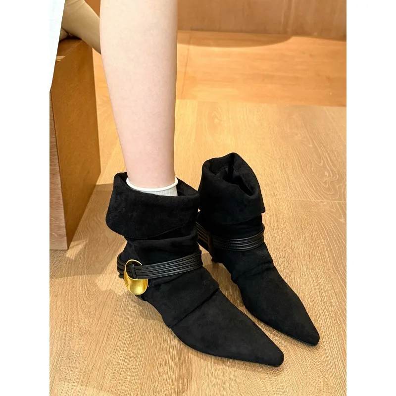 Women's Ankle Boots Autumn Pointed Toe High Heels Shoes Woman Chelsea Boots Dress Pumps Suede Leather Mujer Zapatillas