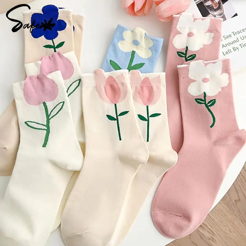 

1Pair Women Cotton Socks Cartoon Flower Tulip Candy Color Socks Middle Tube Socks Harajuku Breathable Design Comfortable Socks