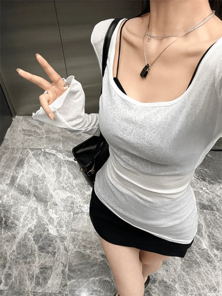 Maglia trasparente irregolare maglietta per le donne nuova manica lunga trasparente pullover coreano top sexy autunno ragazze top maglietta casual 4