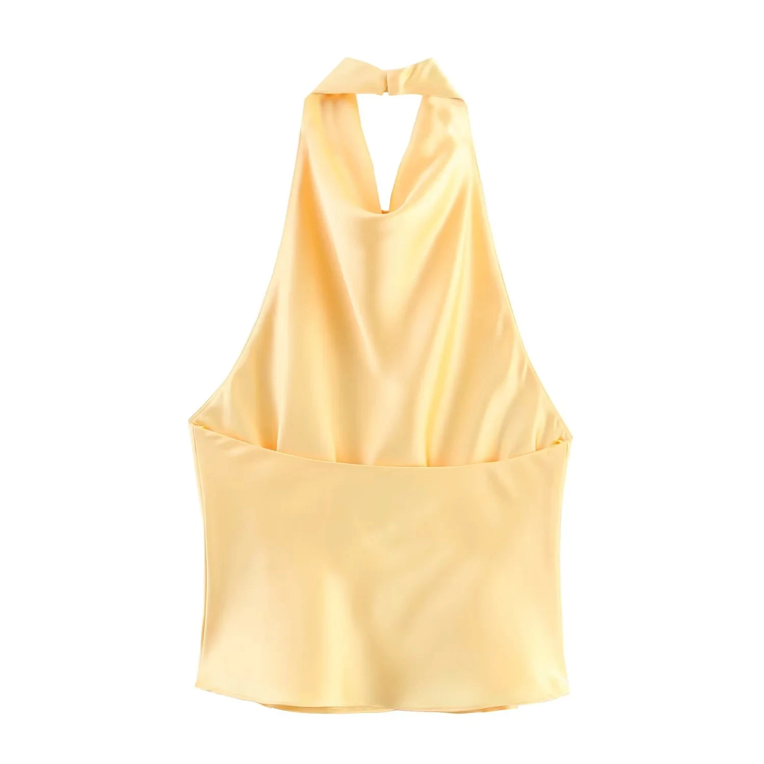 KONDALA Sexy Chic Butter Gelb Satin Tops Frauen Neckholder Rückenfrei Strand Urlaub Party Top Mode 2025, Neujahr Abend Satin Top – Detail 4
