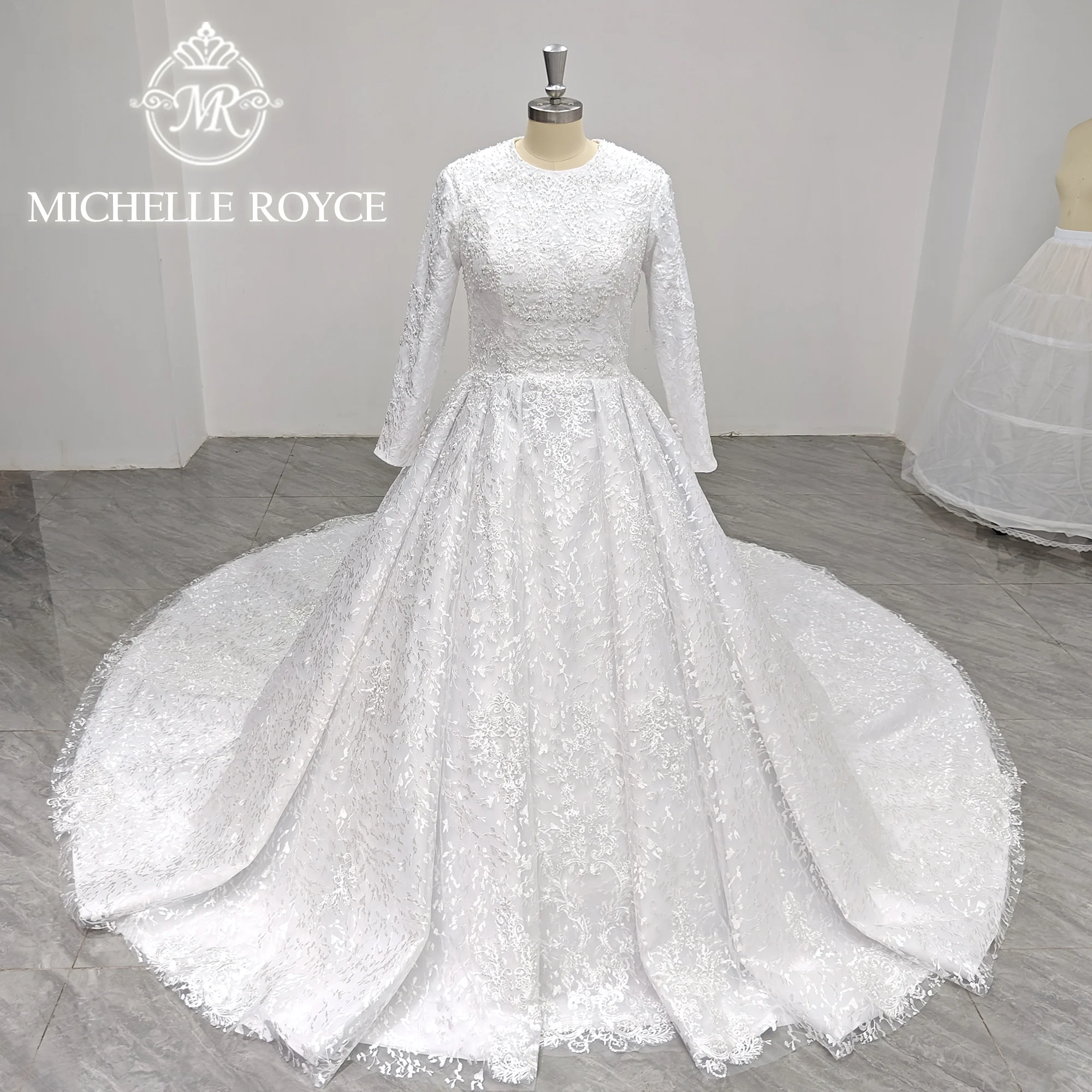 

Michelle Royce Ball Gwon Wedding Dress For Women 2023 Muslim Long Sleeve Appliques Beading Classy Wedding Gown Vestidos De Novia