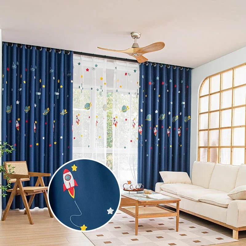 Modern Cartoon Dark Blue Boys Kids Curtain for Bedroom Space Planet Rocket Embroidery Drape Shading 80% Window Treatment #E