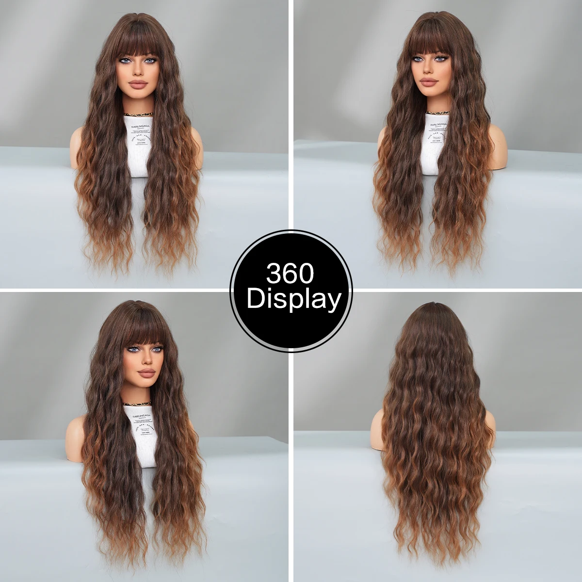 7JHH WIGS Routine Wigs Long Deep Wave Ombre Brown Wigs with Bangs High Density Fluffy Heat Resistant Synthetic Hair Wig