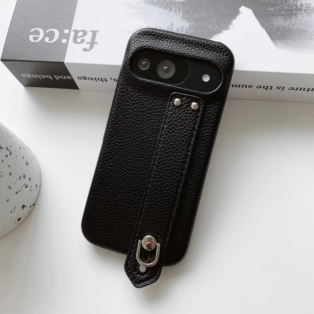 Lichee Pattern Leather Phone Case with Wrist Strap and Bracket - Protective Back Cover