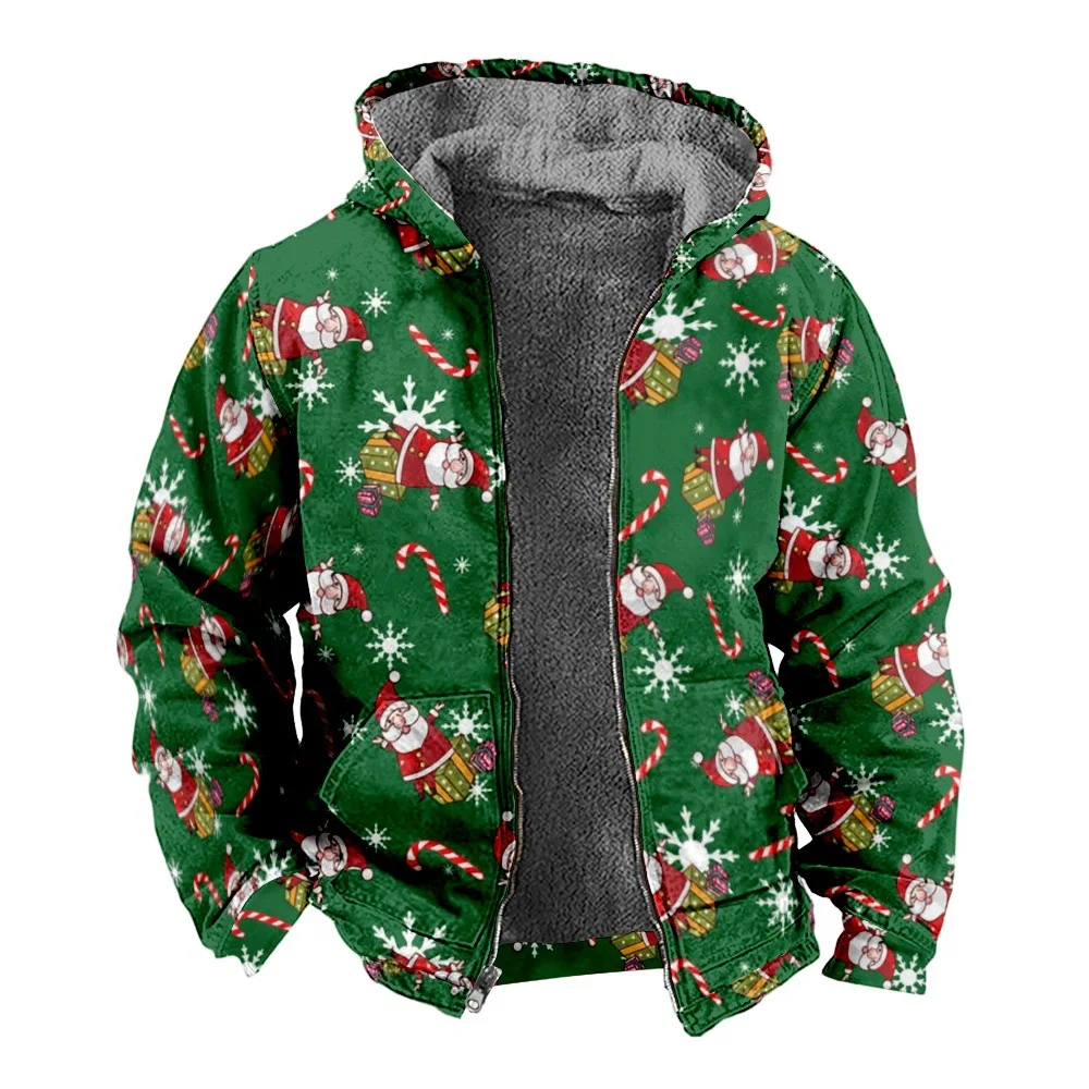 New Christmas Cotton Coat Hooded Sweater Casual Print Long Sleeve Zipper Sweater Thick Cotton Coat Winter