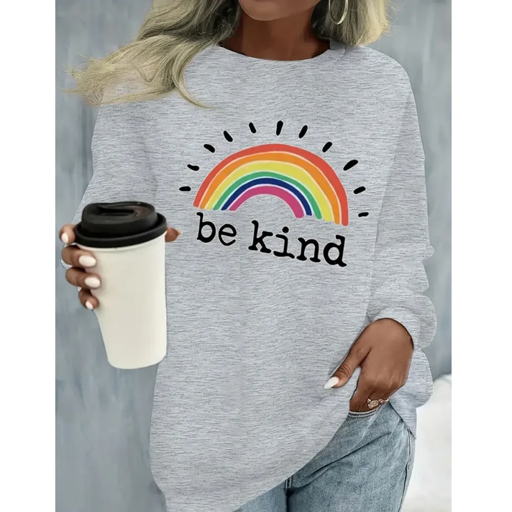 Plus Size Casual Sweatshirt Women's Plus Rainbow & Slogan Print Round Neck Slight Stretch Long Sleeve Sweatshirt