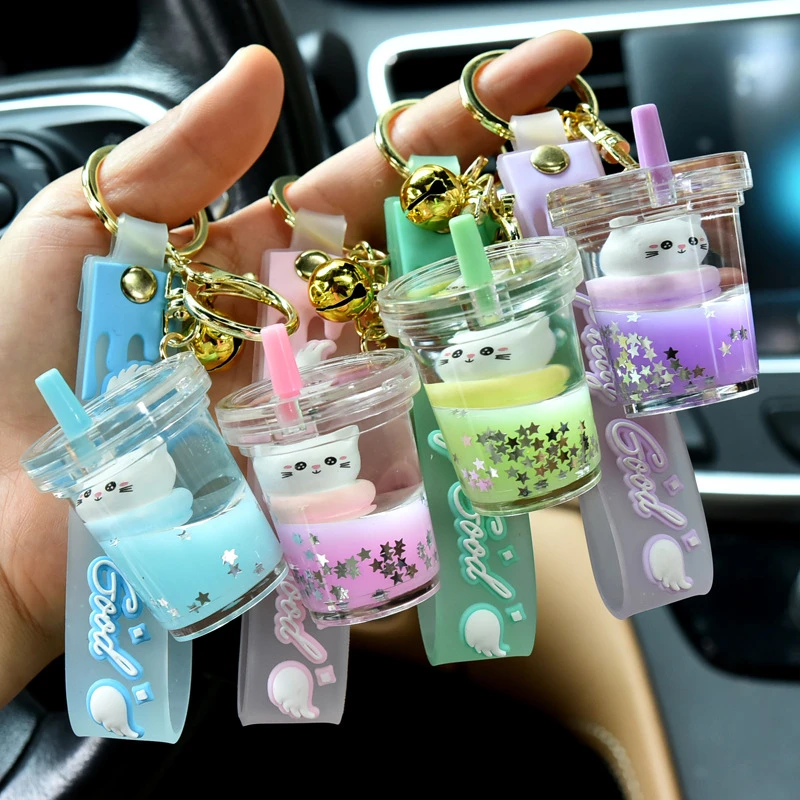 Cartoon Cat Milk Tea Cup Key Chain For Women Kawaii Quicksand Liquid ...