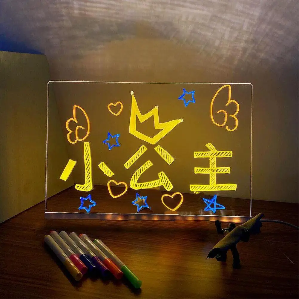 빛나는 아크릴 메시지 보드 재사용 가능한 DIY 어린이 글로잉 드로잉 보드 메시지 램프 7가지 색상 펜 포함