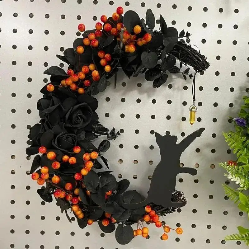 Halloween Moon Cat Garland with Rose Black Decorations Halloween Garland Halloween Wreath for Front Door Halloween Door Decor