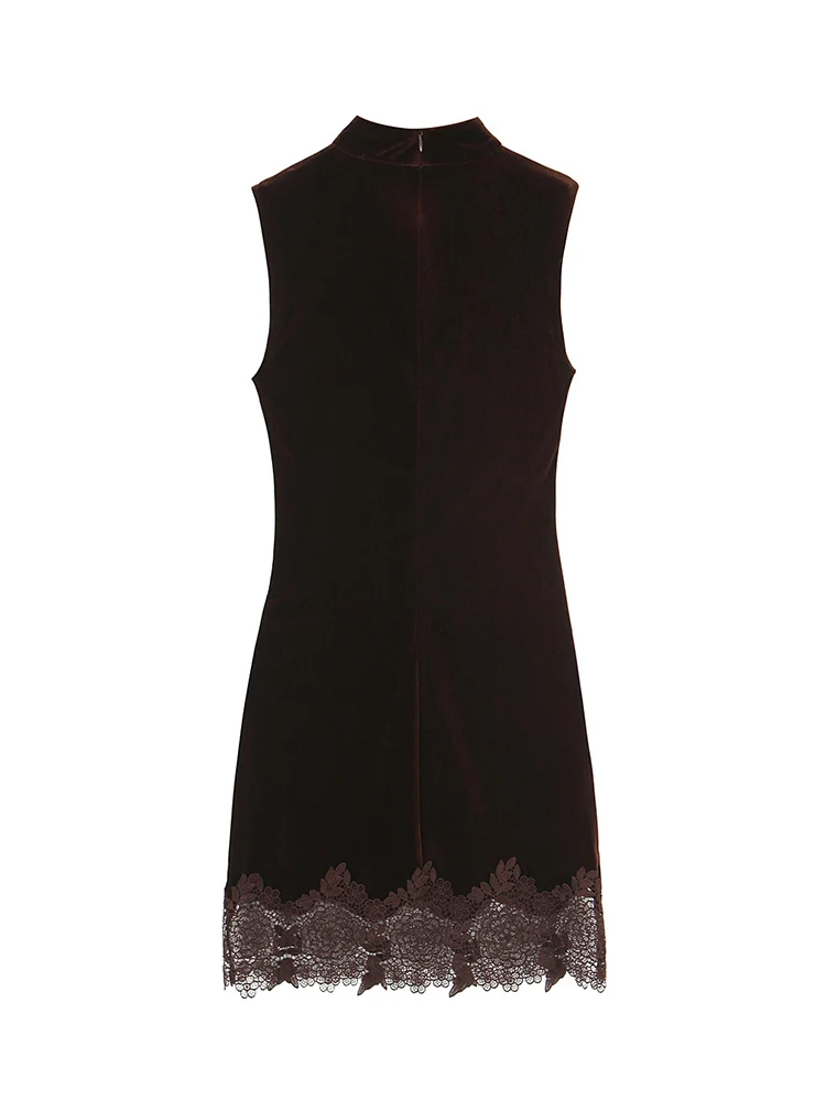 Women Velvet Mini Dress Lace Splicing Sleeveless Lace Splice Retro Casual Evening Party Dress Chic Half High Collar Dress