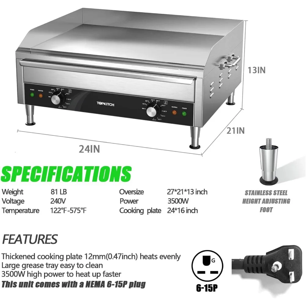 Commercial Electric Griddle, 24" 3500W 240V Electric Countertop Griddle Heavy Duty Flat Top Grill 3