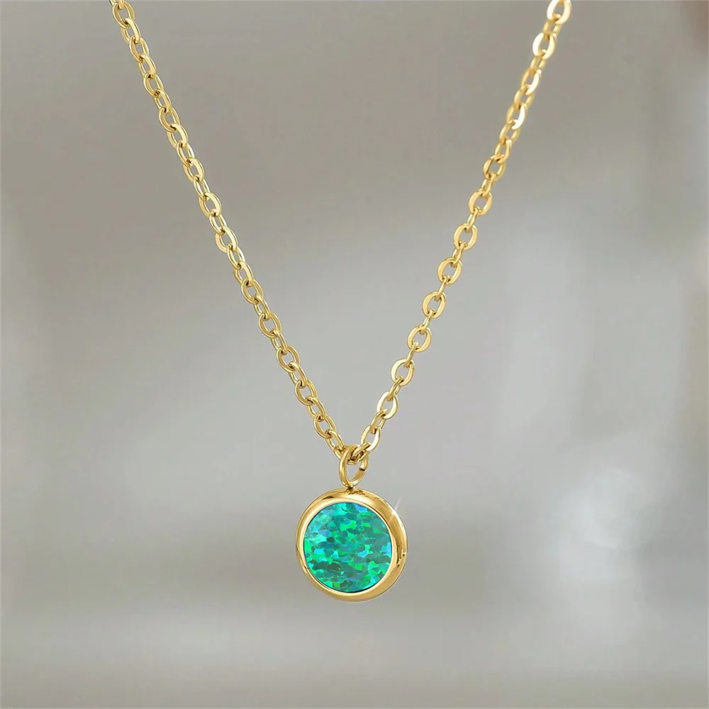 Blue White Opal Small Round Stone Pendant Rainbow Necklaces For Women Vintage Gold Color O Chain Wedding Jewelry Versatile Gifts