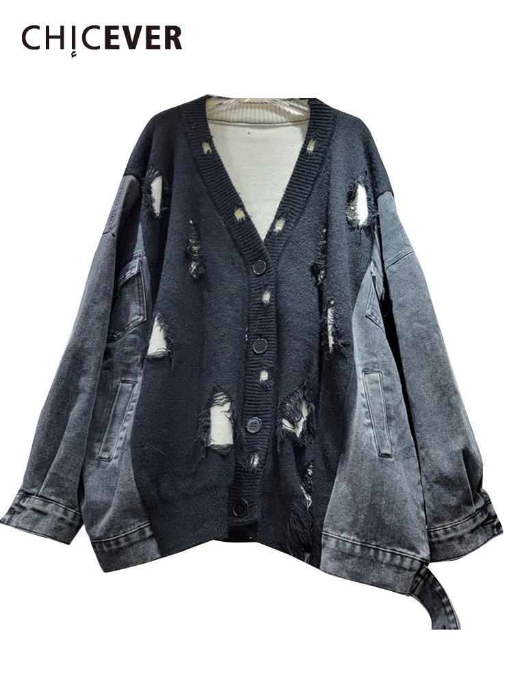 

CHICEVER Hole Hollow Out Knitting Cardigan For Women V Neck Long Sleeve Single Breasted Patchwork Denim Vintage Sweater Female