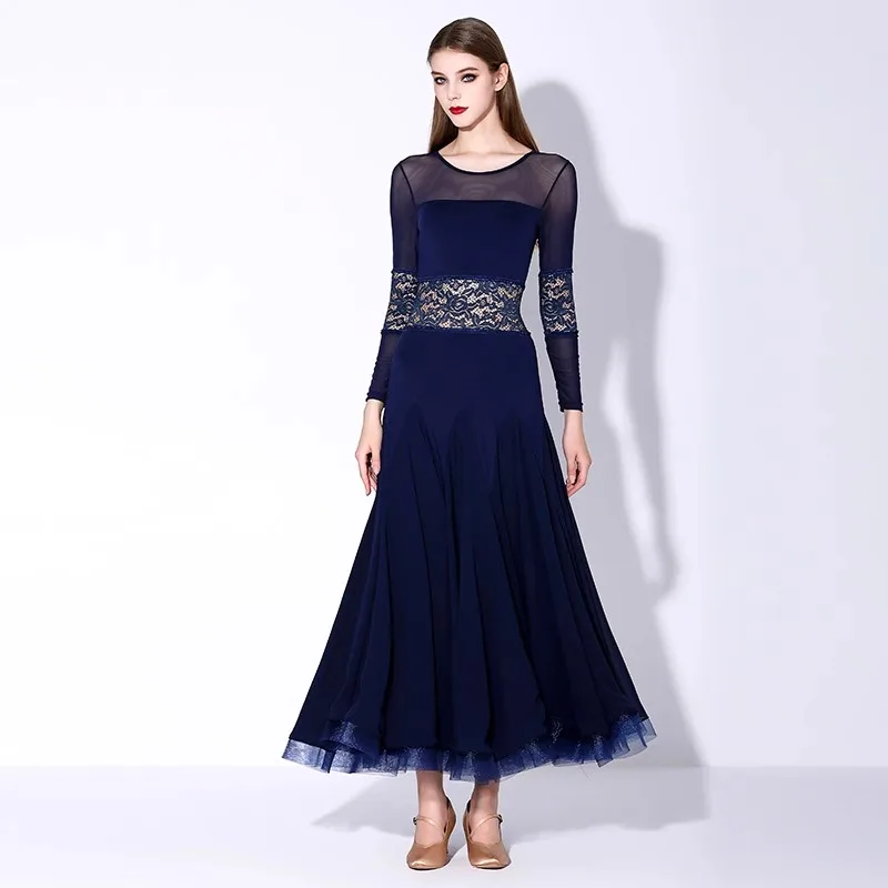 New Adult Modern Dance Dress MY875 National Standard Dance Dress Navy Blue Long Sleeved Waltz Practice Suit