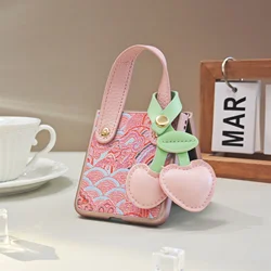 Charming Pink Embroidered Clouds Phone Case with Wrist Strap and Cherry Pendant - Z Flip 8 (A)