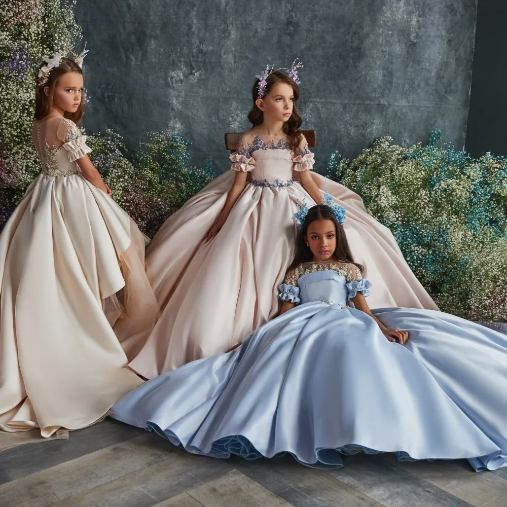 

Princess Flower Girls Dress Vestido Infantil Menina Embroidery Beading Short Sleeve Tulle Layered Kids Ball Gown Wedding Dress