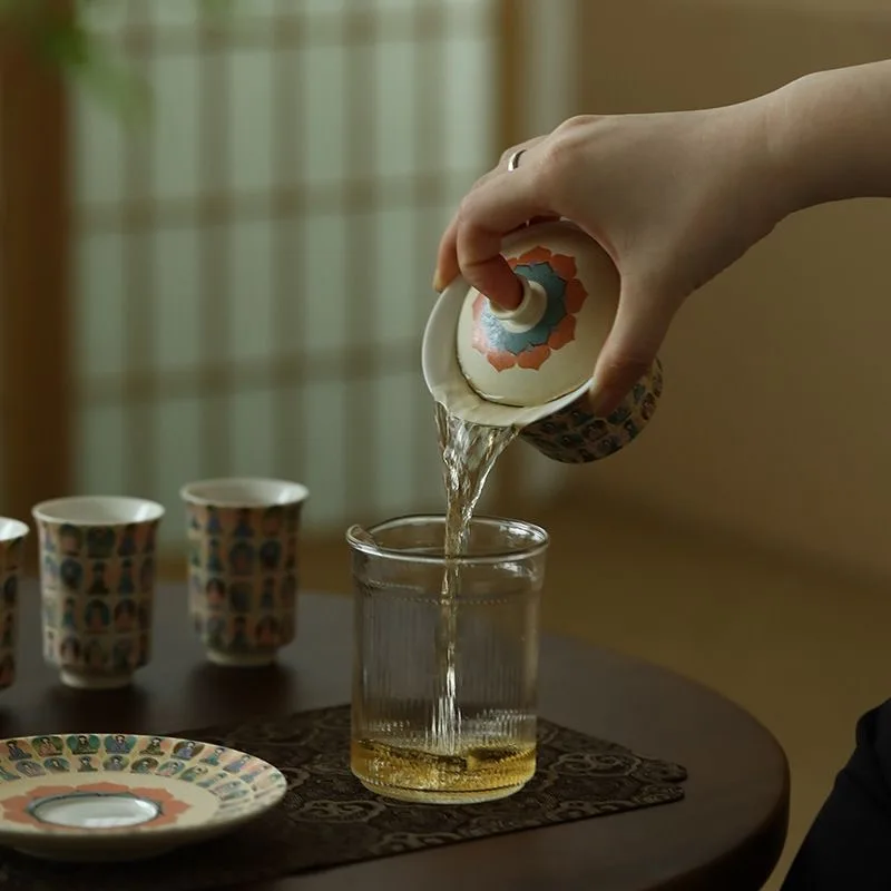 Ceramic San Cai Covered Bowl Hand-painted Thousand Buddha Tea Cup Kung Fu Tea Set Brewing Bowl Cups