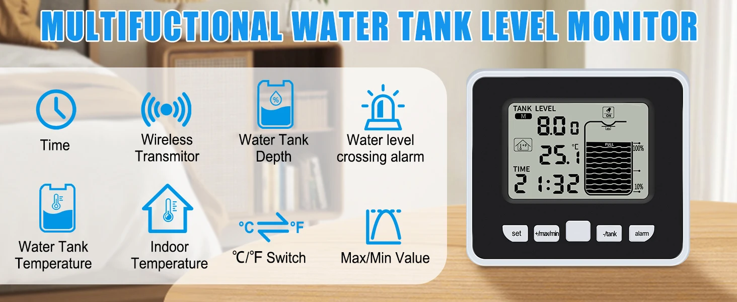 Ultrasonic Level Guage Wireless LCD Display Water Tank Liquid Meter Temperature