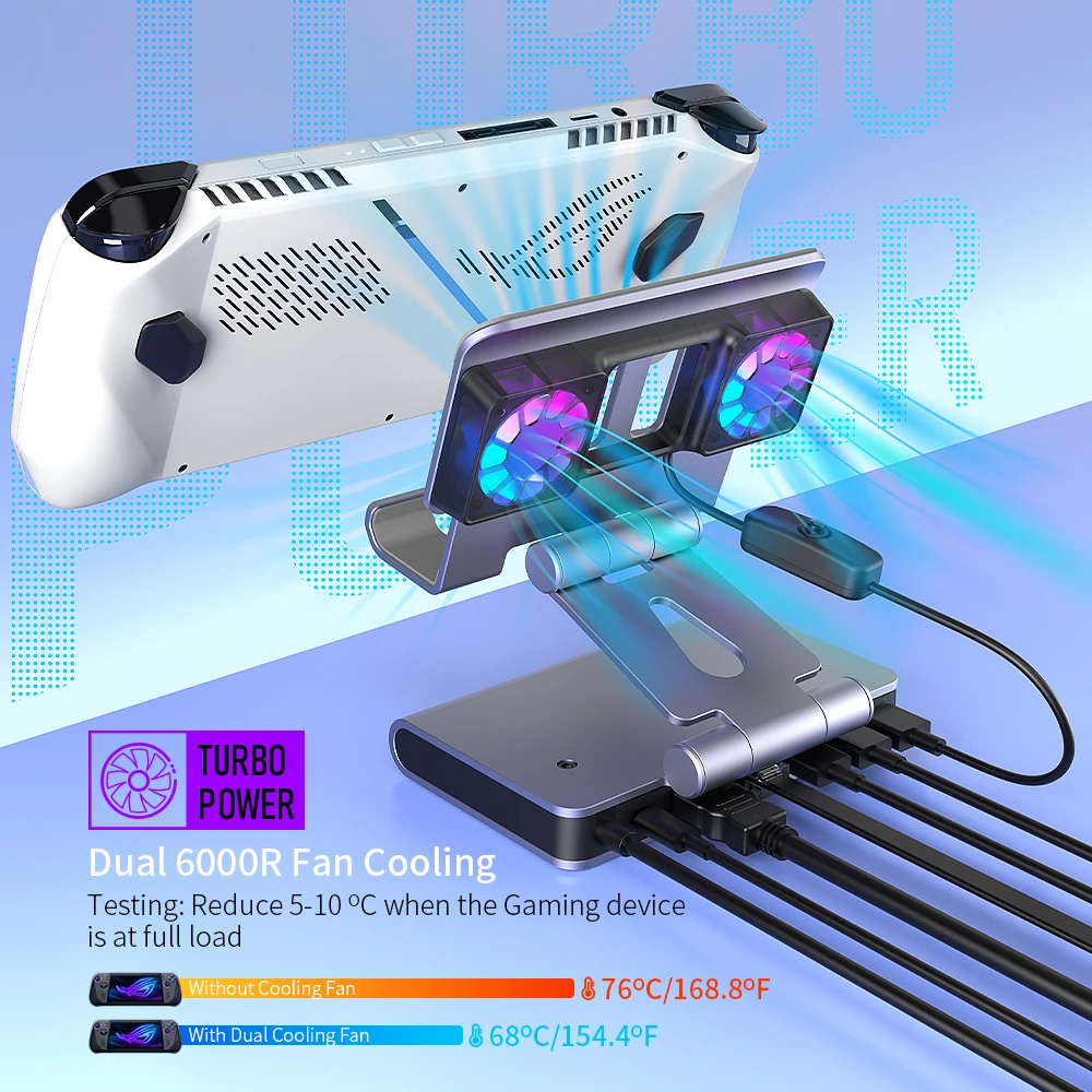 RGB Dual Fans Docking Station For ROG ALLY SteamDeck Game Console AOKZOE OneXPlayer Dock Adjustable Height Dock Bracket 4K 60HZ 3