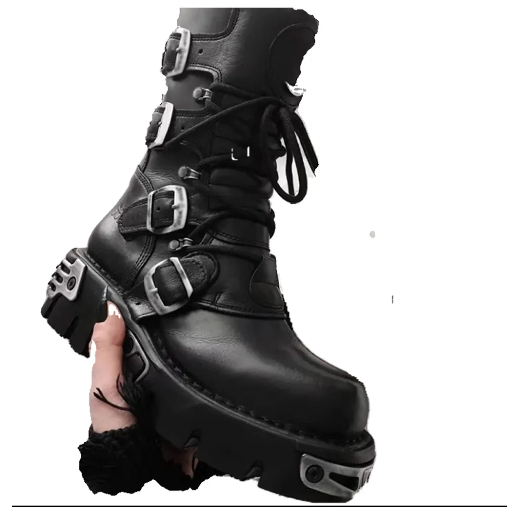 Unisex Gothic Skull Punk Mid-calf Cowboy Boots Leather Cowboy
