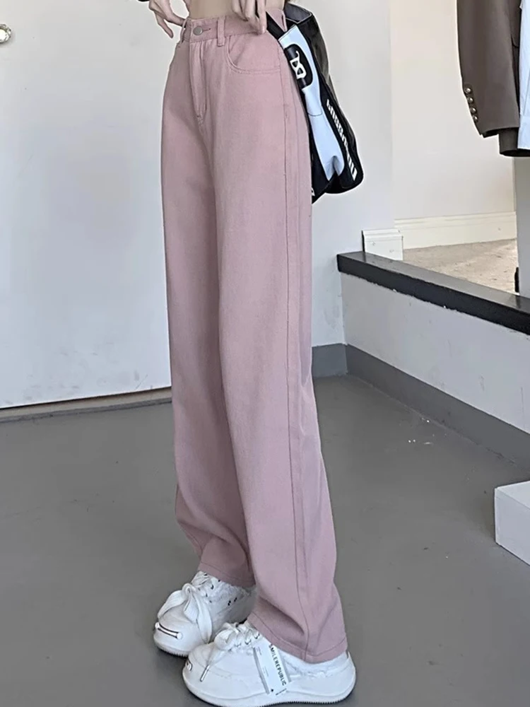 여자 하이 웨스트 와이드 레그 청바지 레이디 하이 스트리트 데님 스트레이트 레그 바지 여성 레트로 블루 라이트 블루 블랙 그레이 핑크 바지