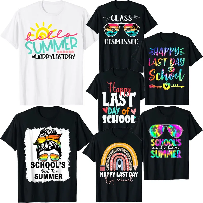 

Happy Last Day of School Teacher Student Hello-Summer Graduation T-Shirt School's Out for Summer Graphic Tee Vacation Clothes