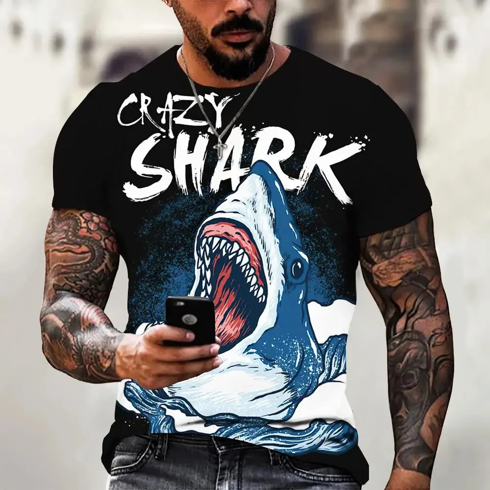 

New T Shirt For Men Anime Shark Print Men's T Shirt Hip Hop Style Short Sleeve Tops Summer Round Neck Streetwear Oversized Tees